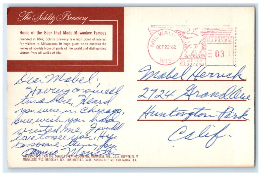 1962 Home Of Schlitz Brewing Company Beer Milwaukee Wisconsin WI Postcard