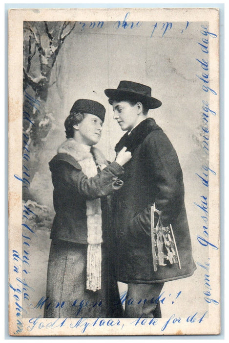 1904 Neckerchief Hat Ice Skating Romance Norway Posted Antique Postcard