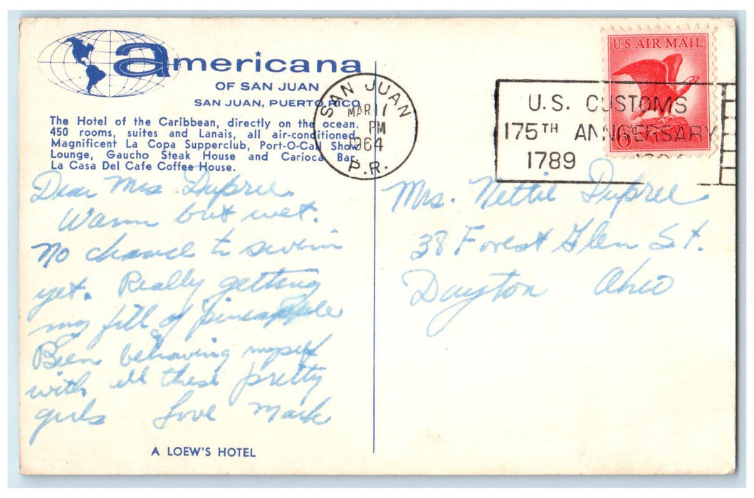 1964 A Loew's Hotel Americana of San Juan Puerto Rico Posted Vintage Postcard