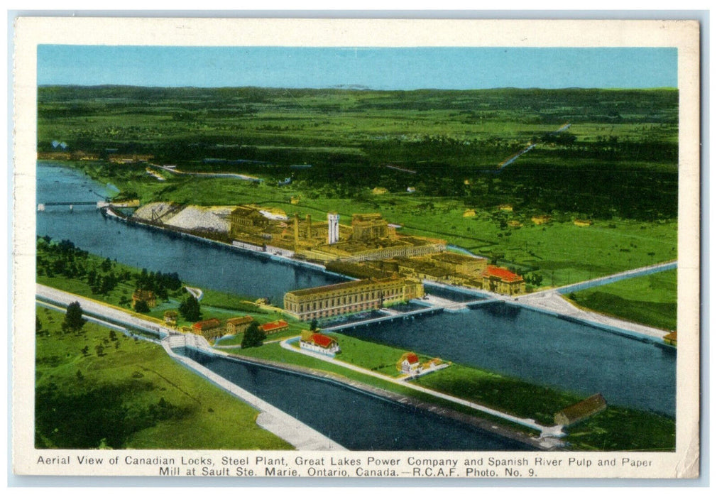 c1950's Aerial View Canadian Locks Steel Plant Sault Ste Marie Canada Postcard