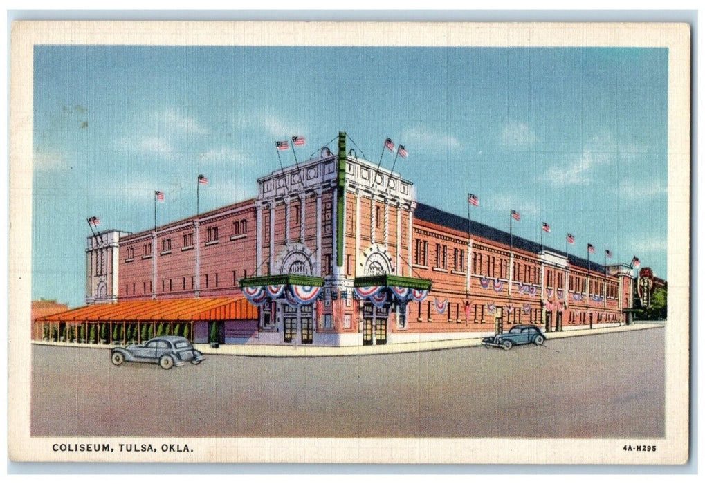 c1940 Exterior View Coliseum Building Classic Cars Tulsa Oklahoma Linen Postcard