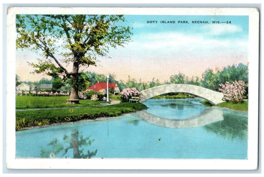 c1930's View Of Doty Island Park Bridge Neenah Wisconsin WI Vintage Postcard