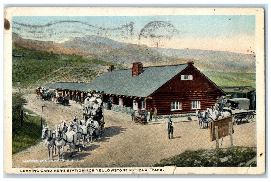 1917 Leaving Gardiners Station Yellowstone National Park Horse Wyoming Postcard
