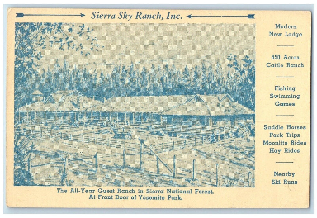 1940 Sierra Sky Ranch Inc National Forest Yosemite Park Map Oakhurst CA Postcard