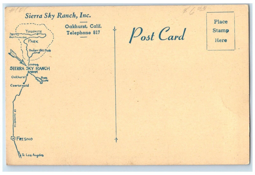 1940 Sierra Sky Ranch Inc National Forest Yosemite Park Map Oakhurst CA Postcard