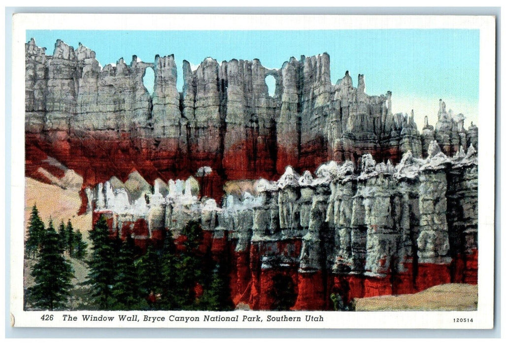 c1940 Window Wall Bryce Cliff Trees Canyon National Park Southern Utah Postcard