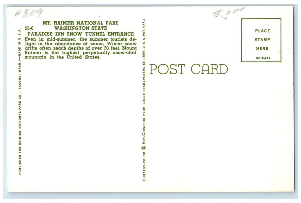 c1960 Paradise Inn Snow Tunnel Entrance Road Mt. Rainier National Park Postcard