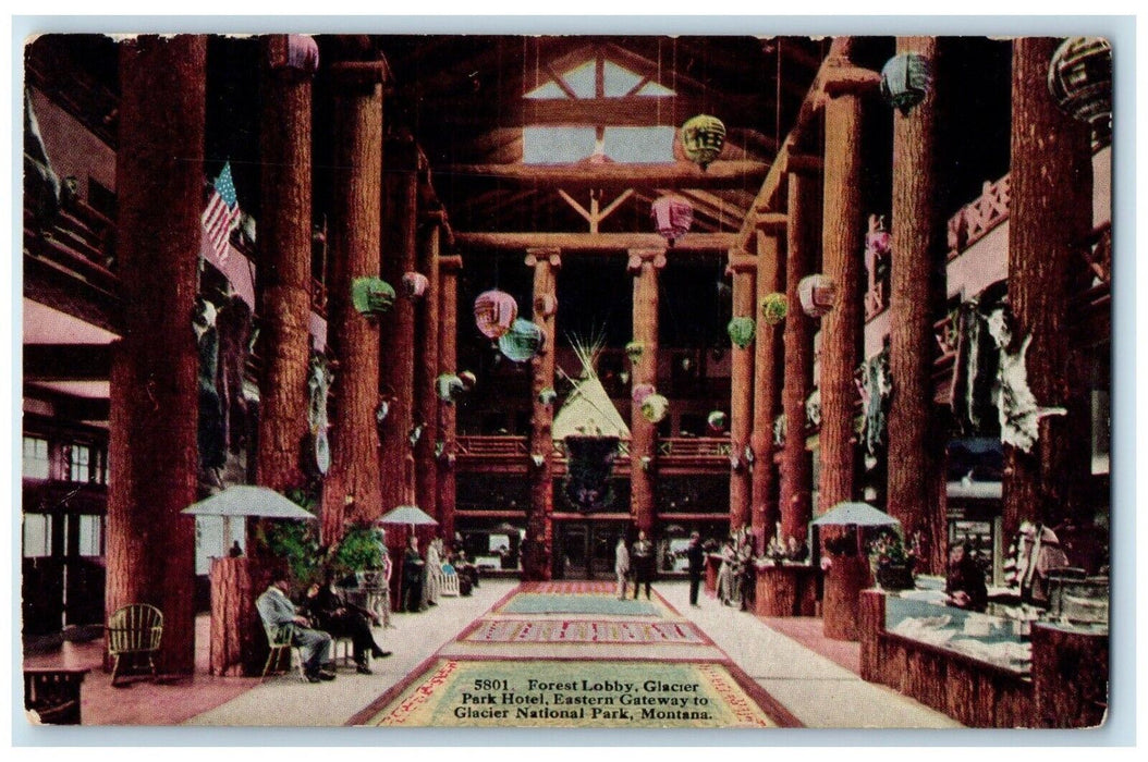 1908 Forest Lobby Glacier Park Hotel Eastern Gateway  National Park MT Postcard