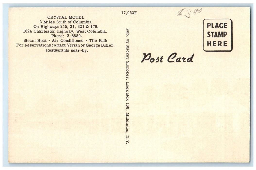 c1950's Crystal Motel Charleston Highway West Columbia SC Vintage Postcard