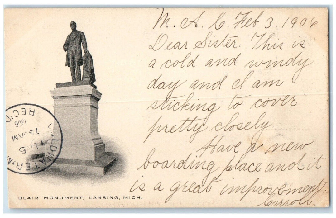 1906 Blair Monument Sculpture Statue Lansing Michigan Vintage Antique Postcard