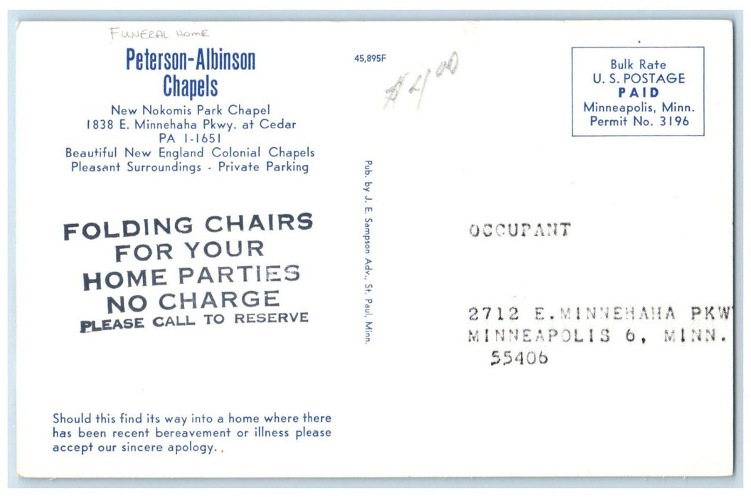 c1960 Peterson-Albinson Chapels Funeral Home Cedar Pennsylvania Vintage Postcard