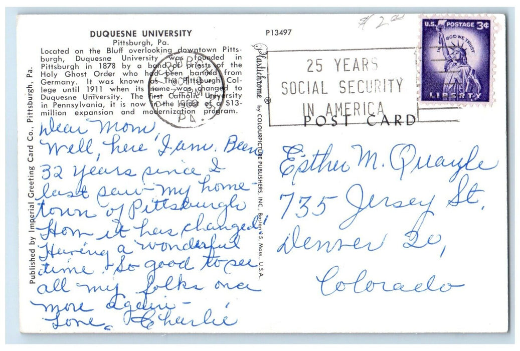 1960 Exterior View Duquesne University Building Pittsburgh Pennsylvania Postcard