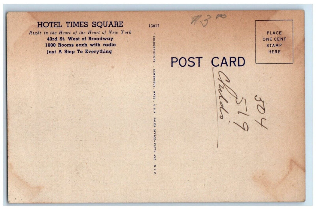c1940's Hotel Times Square Building Street View New York City NY Postcard