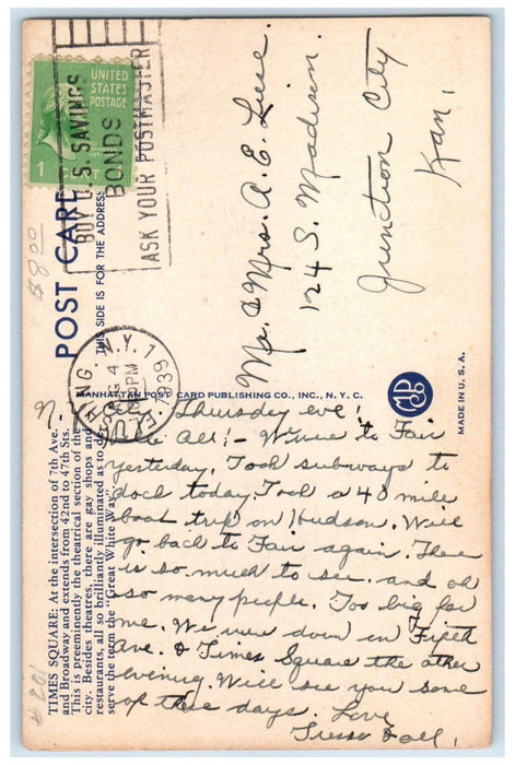 1939 Times Square Chevrolet Coca Cola Planters Peanuts New York City NY Postcard
