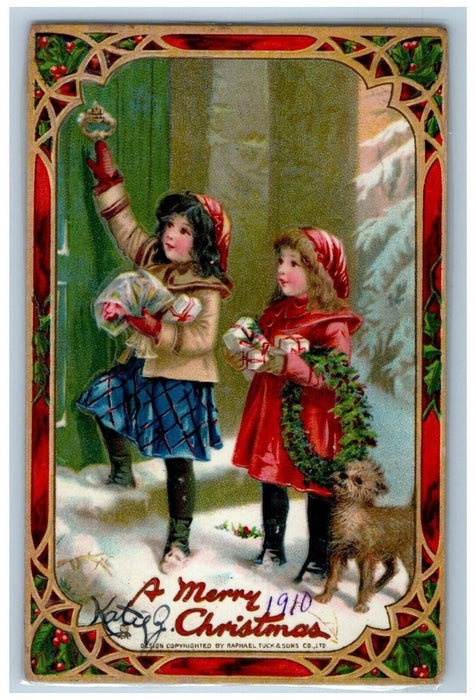 1910 Christmas Girls With Gifts Dog Berries Hohokus NJ Tuck's Laminated Postcard