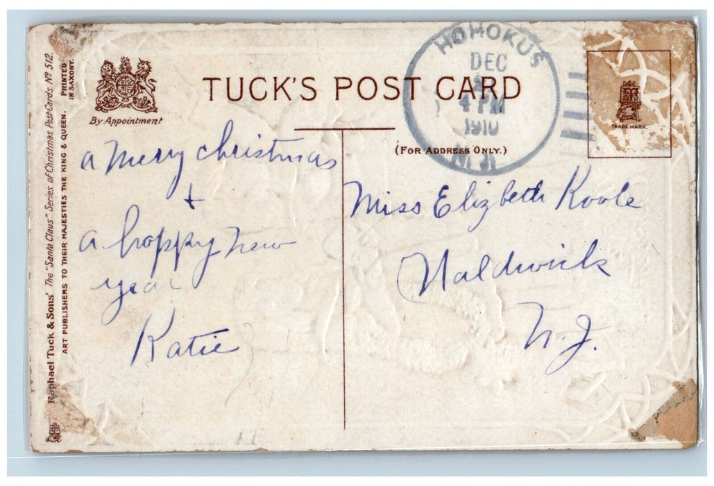 1910 Christmas Girls With Gifts Dog Berries Hohokus NJ Tuck's Laminated Postcard
