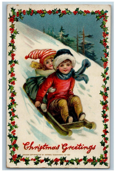 199 Christmas Greetings Children Sledding Winter Tuck's Laminated Postcard