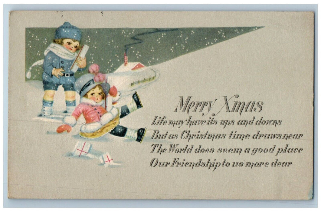 1922 Christmas Girl Slipped Winter Gifts Tide Christmas Seal Vintage Postcard