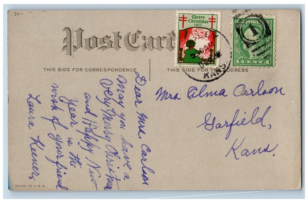 1922 Christmas Girl Slipped Winter Gifts Tide Christmas Seal Vintage Postcard