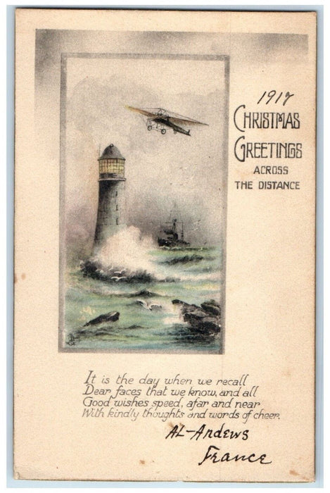 1917 Christmas Greetings Lighthouse Airplane APO WWI Tuck's Antique Postcard