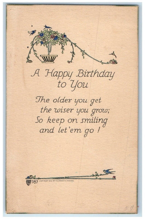 c1910's Birthday Message Flowers Birds Volland Garfield Kansas KS Postcard