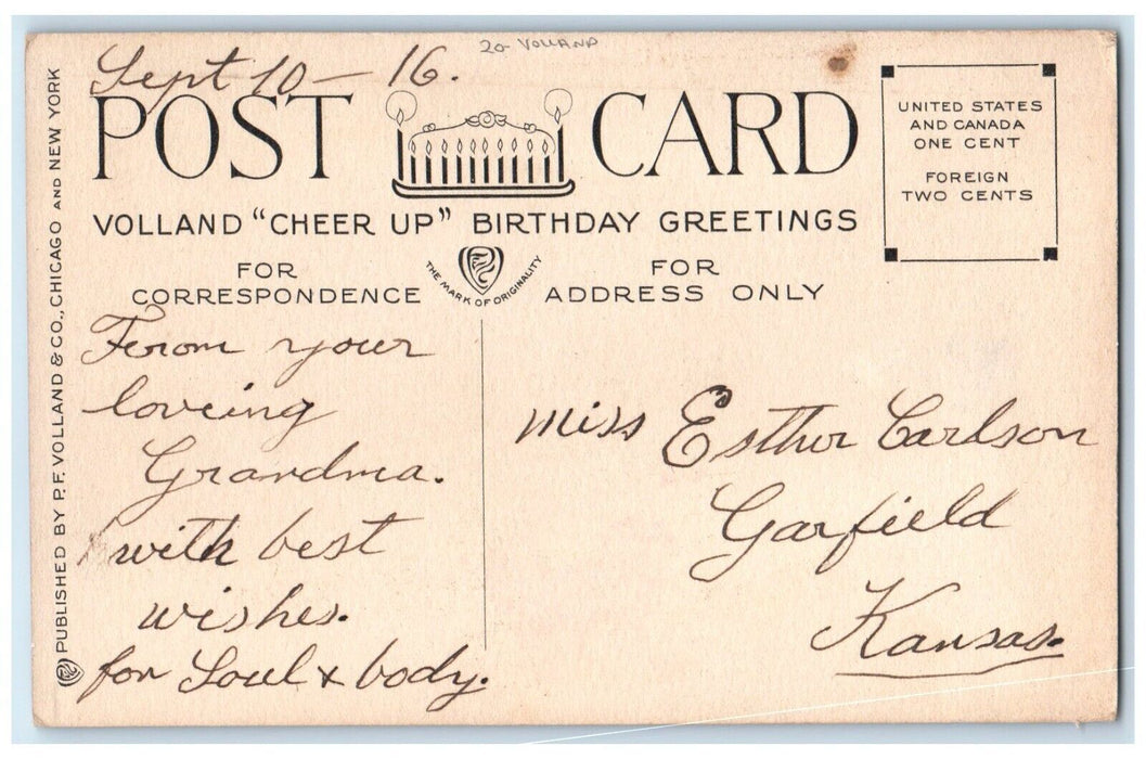 c1910's Birthday Message Flowers Birds Volland Garfield Kansas KS Postcard