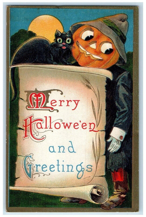 c1910's Halloween Greetings Jol Jack O Lantern Black Cat Embossed Postcard