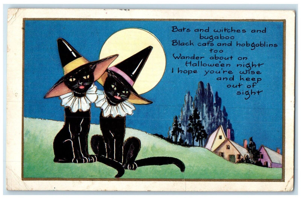 c1910's Halloween Hob Goblins Black Cats Embossed Garfield Kansas KS Postcard