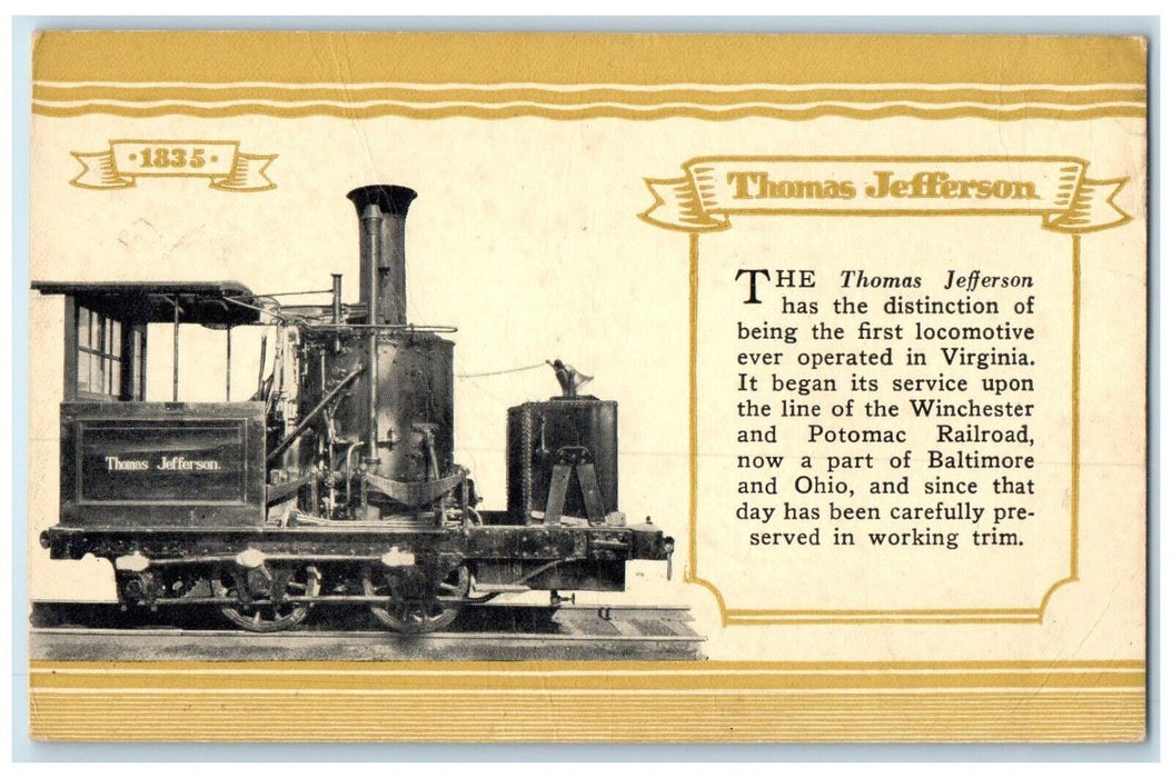 B&O Railroad 1835 Thomas Jefferson Baltimore And Ohio Locomotive Train Postcard