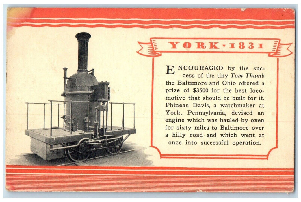 c1905 B&O Railroad 1831 York Tom Thumb Baltimore Ohio Locomotive Train Postcard