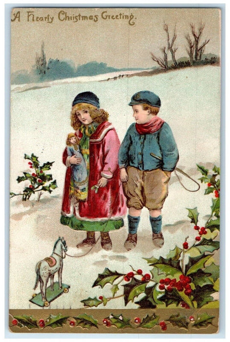 1909 Christmas Greeting Children Doll Horse Toy Berries Winter Embossed Postcard
