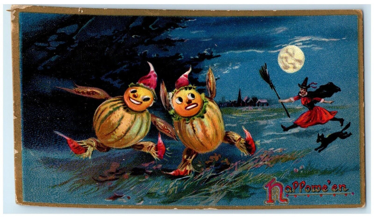 c1910's Halloween Witch Black Cat Gourds Face In Moon Tuck's Embossed Postcard