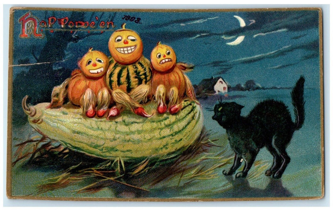 1908 Halloween Gourds Gace Black Cat Crescent Winnipeg Manitoba Canada Postcard