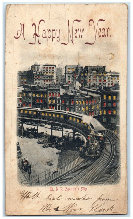 1902 Happy New Year El Train Railroad Coentie's Slip Hold To Light HTL Postcard