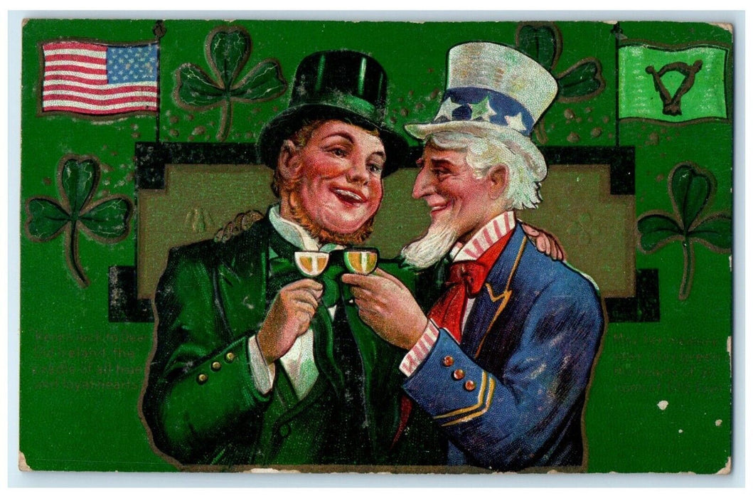 c1910's St. Patrick's Day Uncle Sam Champagne Shamrock Flag Embossed Postcard