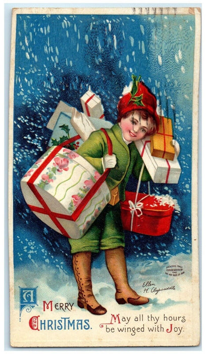 1911 Merry Christmas Boy Holding Gifts Ellen Clapsaddle Artist Signed Postcard