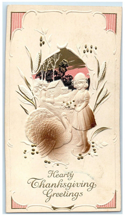 c1910's Thanksgiving Greetings Girl Feeding Turkey Airbrushed Embossed Postcard