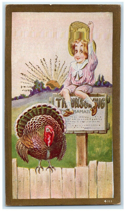 c1910's Thanksgiving Turkey Boy Sat On Top Of Sign Sun View Antique Postcard