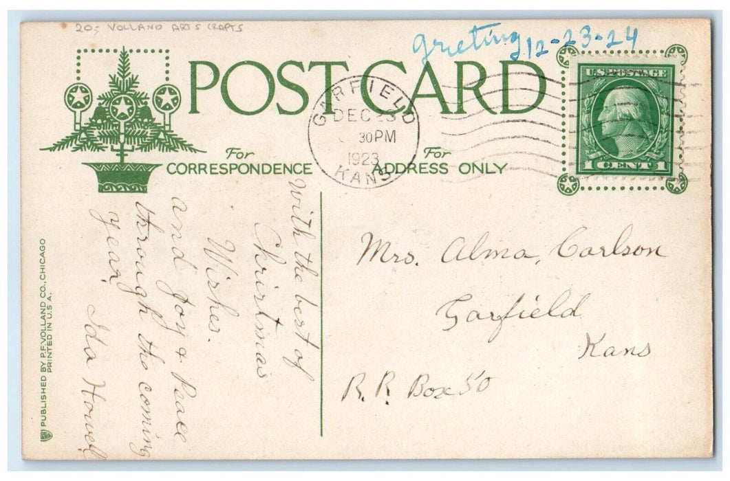 1923 Christmas Wishes Arts Crafts Volland Garfield Kansas KS Vintage Postcard