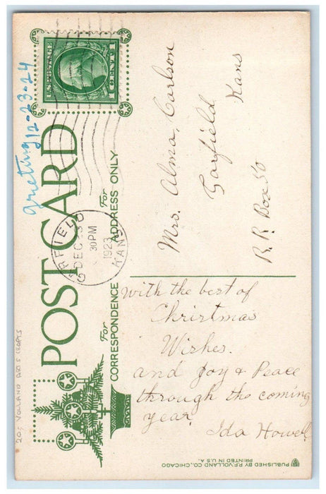 1923 Christmas Wishes Arts Crafts Volland Garfield Kansas KS Vintage Postcard