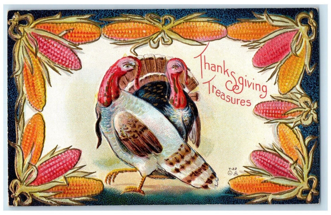 c1910's Thanksgiving Treasures Turkeys And Corn Embossed Antique Postcard