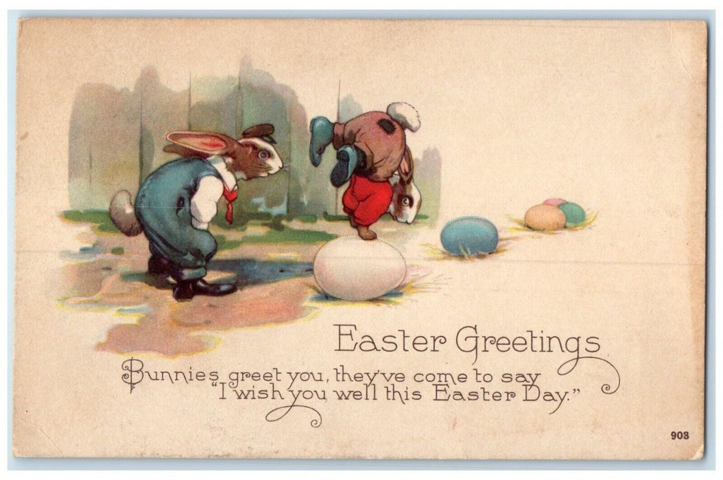 1924 Easter Greetings Anthropomorphic Rabbit Playing Eggs Fabius NY Postcard