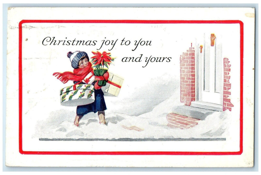 1923 Christmas Girl Gifts And Poinsettia Flowers In Winter Lamar CO Postcard