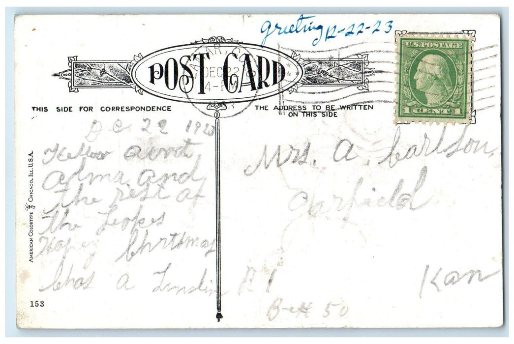 1923 Christmas Girl Gifts And Poinsettia Flowers In Winter Lamar CO Postcard