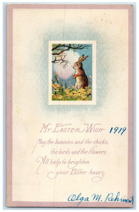 1919 Easter Bunny Rabbit Flowers Garfield Kansas KS Posted Antique Postcard