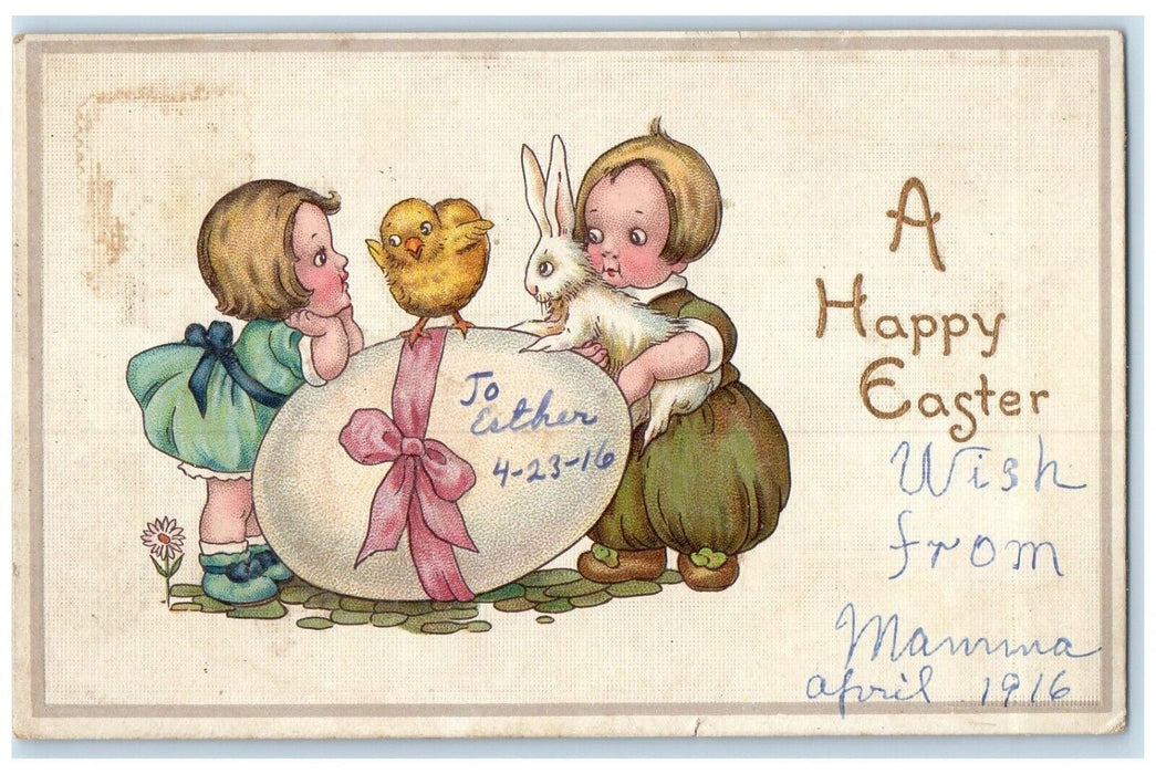 c1910's Easter Children And Giat Egg Chick And Rabbit Embossed Antique Postcard