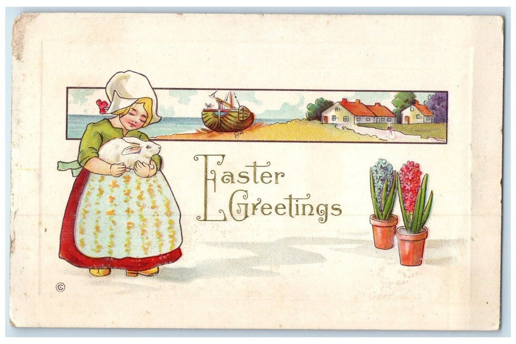 1913 Easter Greetings Girl Holding Rabbit Flowers Embossed Antique Postcard