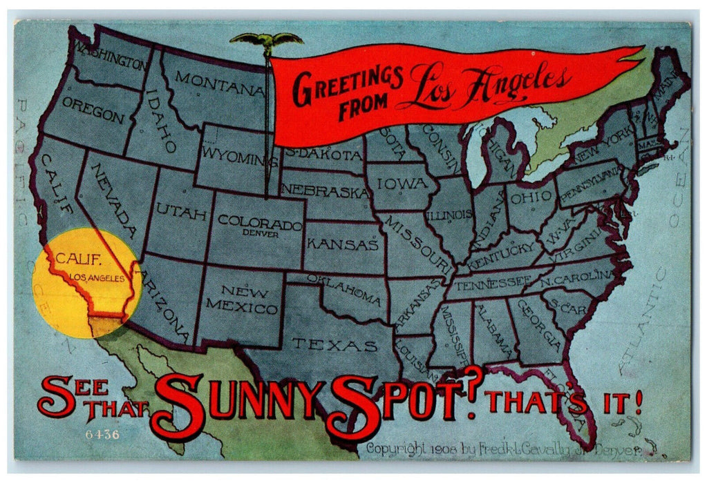 c1910 See That Sunny Spot Map View Greetings from Los Angeles CA Postcard