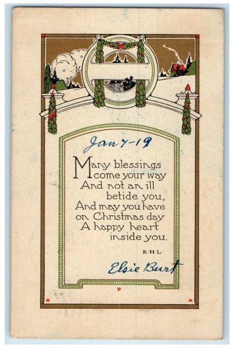 1919 Christmas Robert Lord Arts Crafts Holly Berries Garfield Kansas KS Postcard