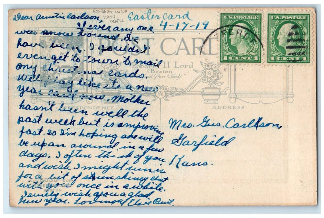 1919 Christmas Robert Lord Arts Crafts Holly Berries Garfield Kansas KS Postcard
